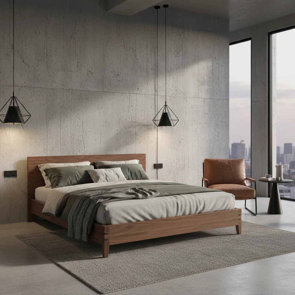 Industrial style masculine bedroom with metal lighting and wood furniture