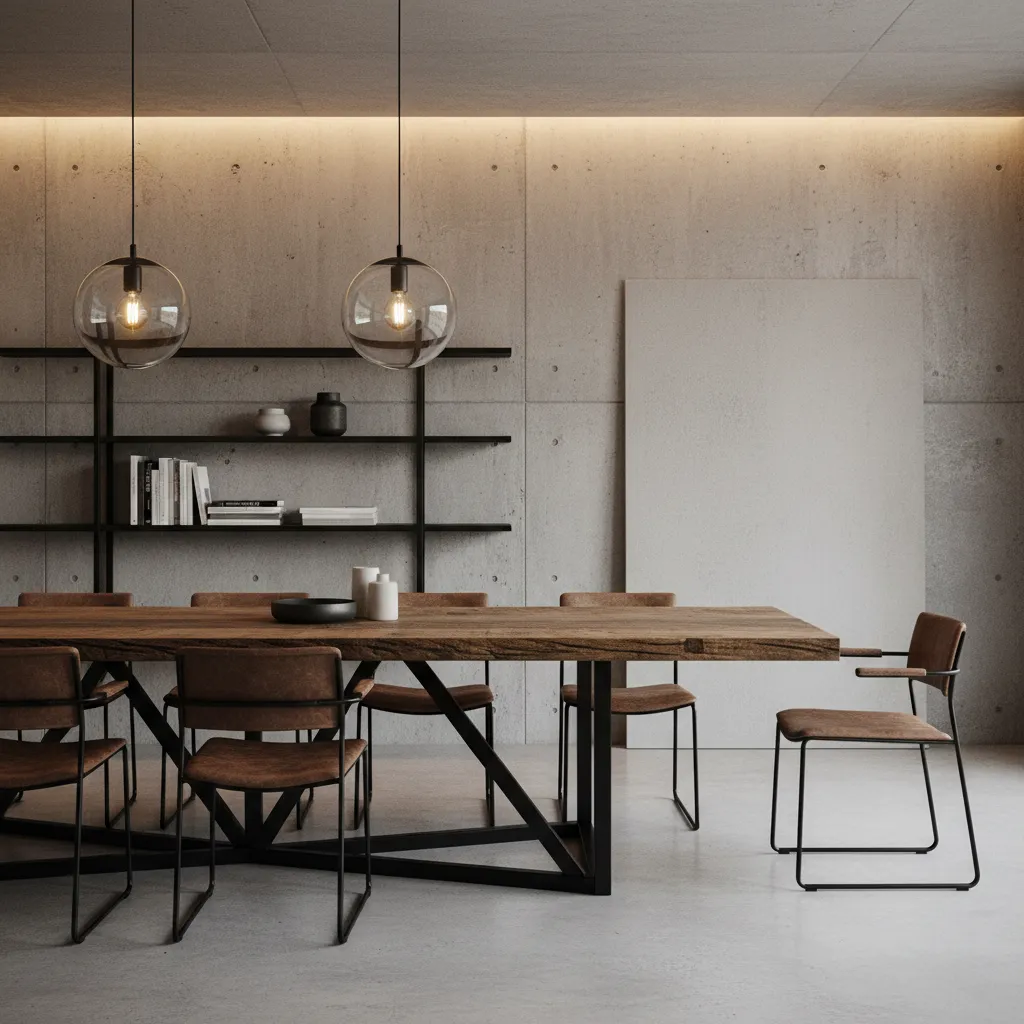 Industrial dining room with wooden table brown chairs concrete wall black bookshelf and ceiling lights