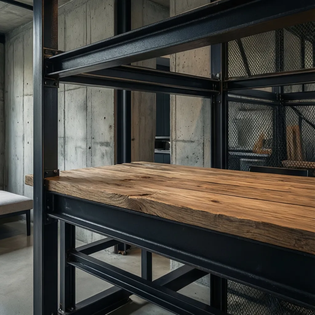 Detalle de materiales industriales como acero, madera y hormigón