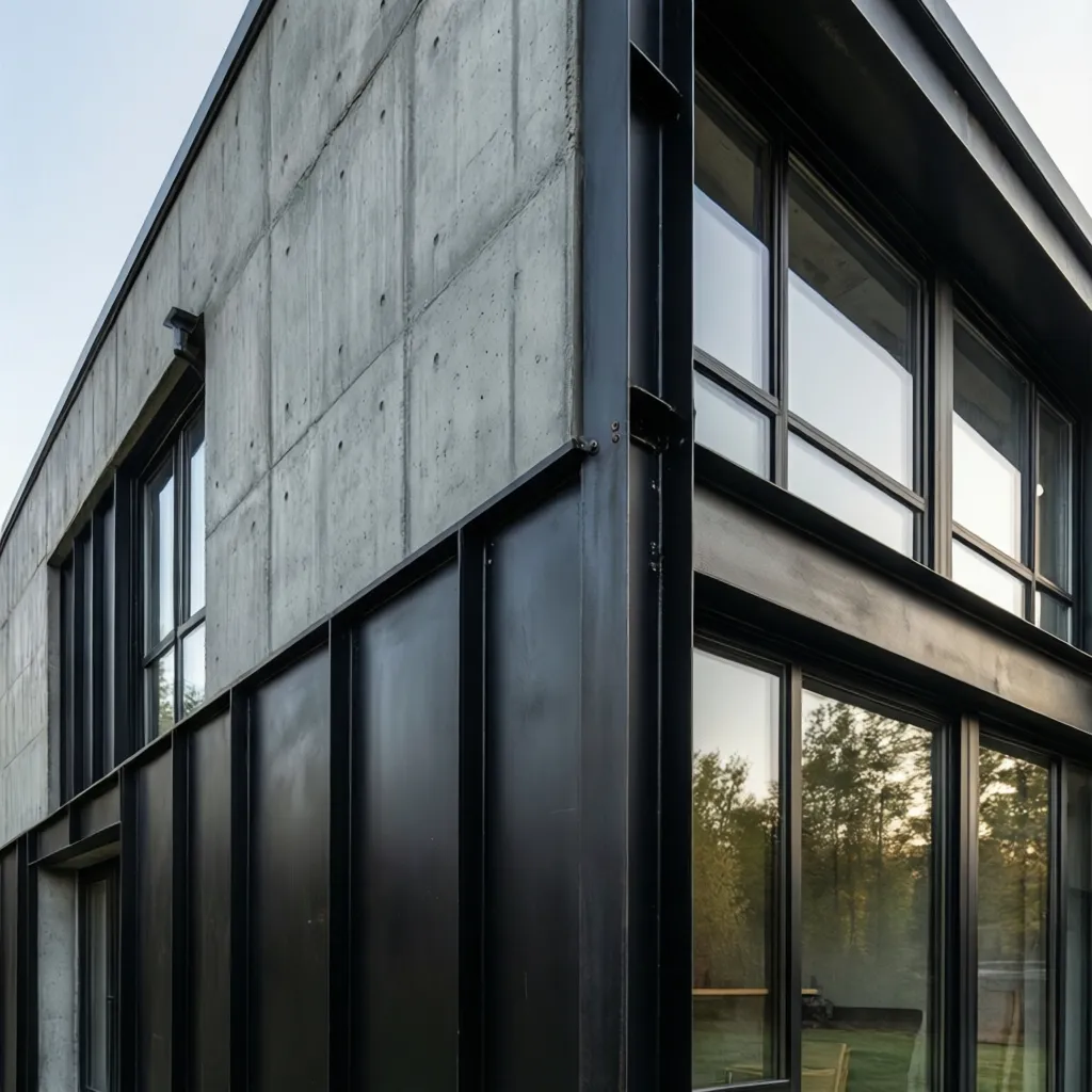 Detalle de materiales en fachada industrial con hormigón y metal