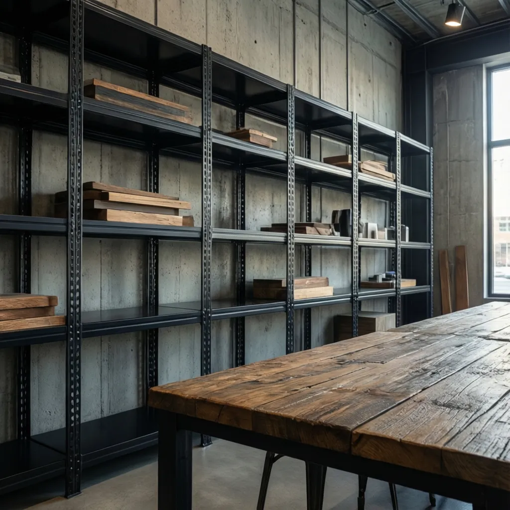 Detalle de materiales industriales en interior con metal negro, madera y hormigón
