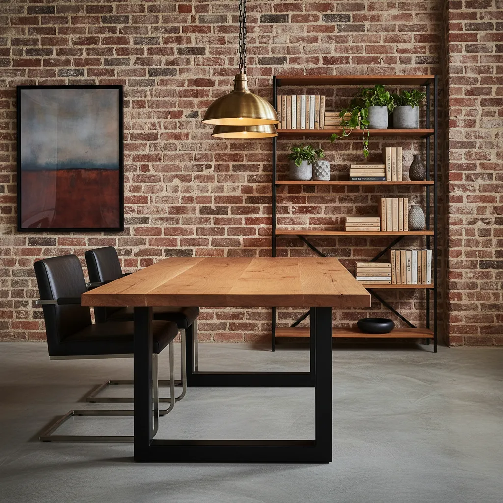 Detalle de materiales industriales como madera, acero y ladrillo