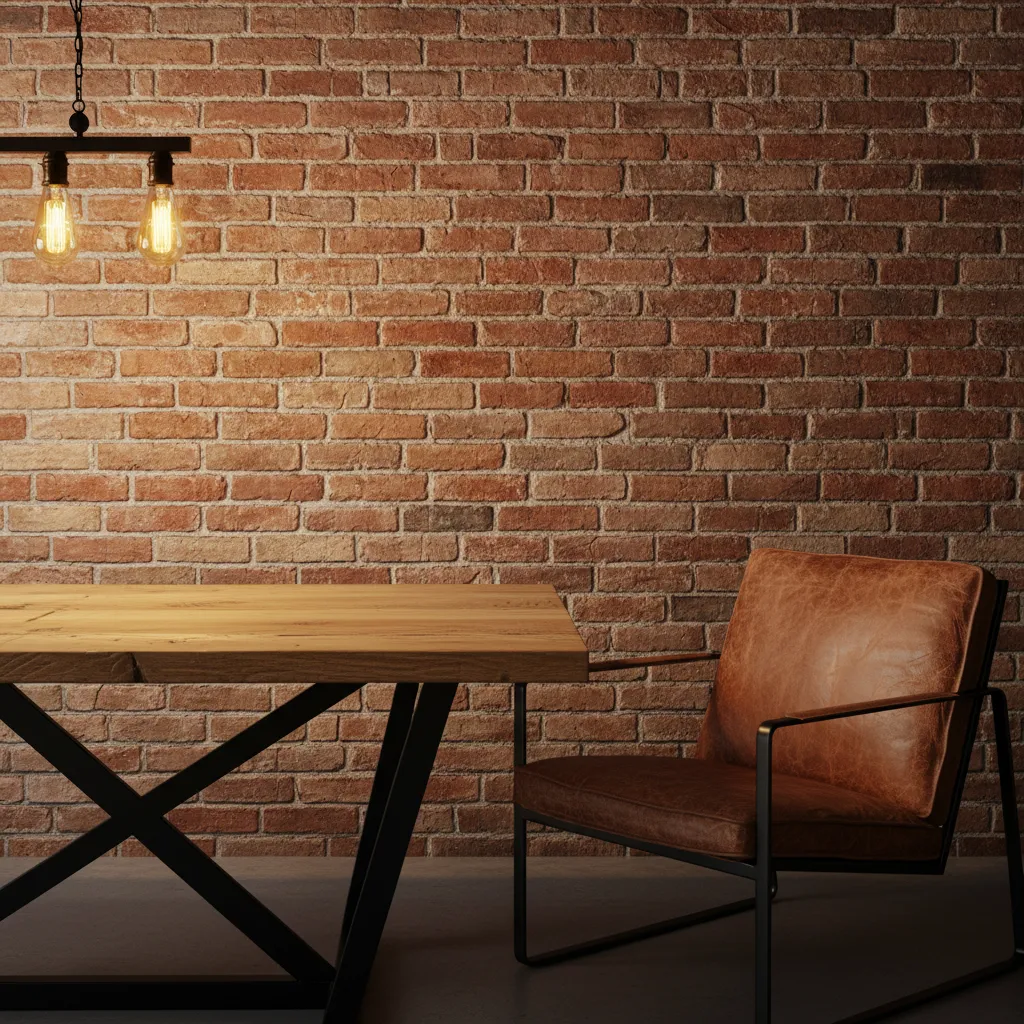 Close up of wooden table and leather chair against red brick wall with light bulbs