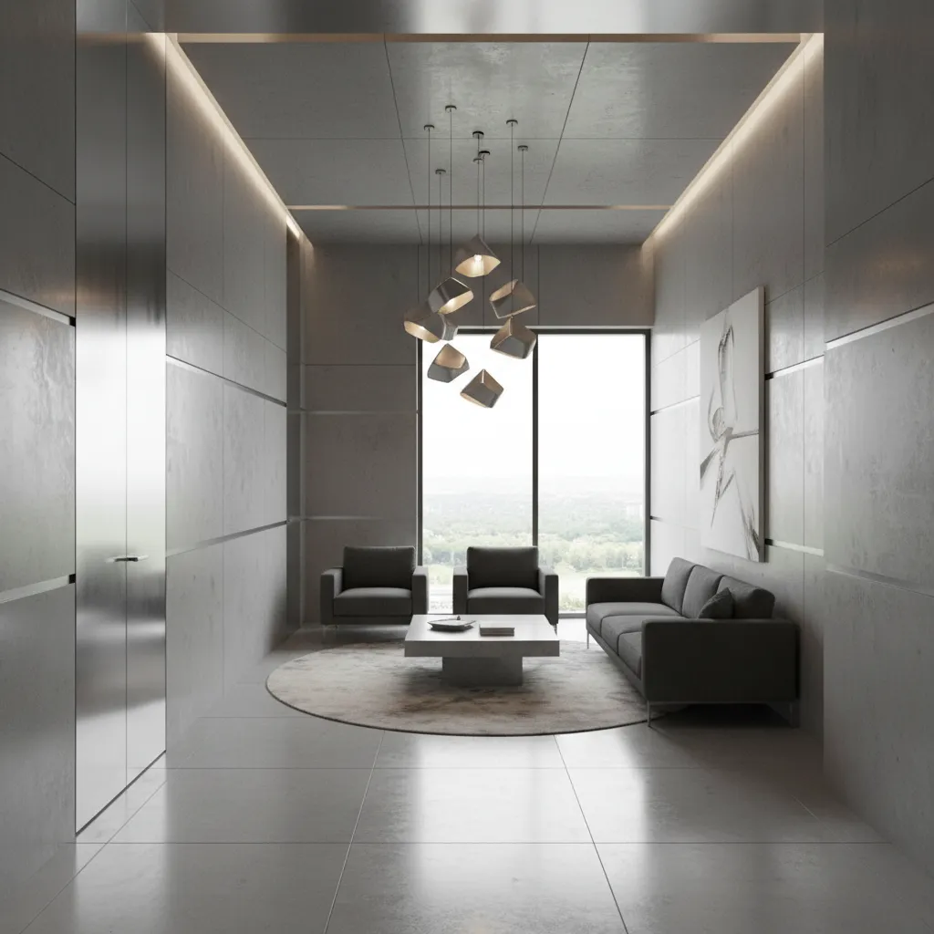 Interior moderno con hormigón pulido, metal y mobiliario contemporáneo