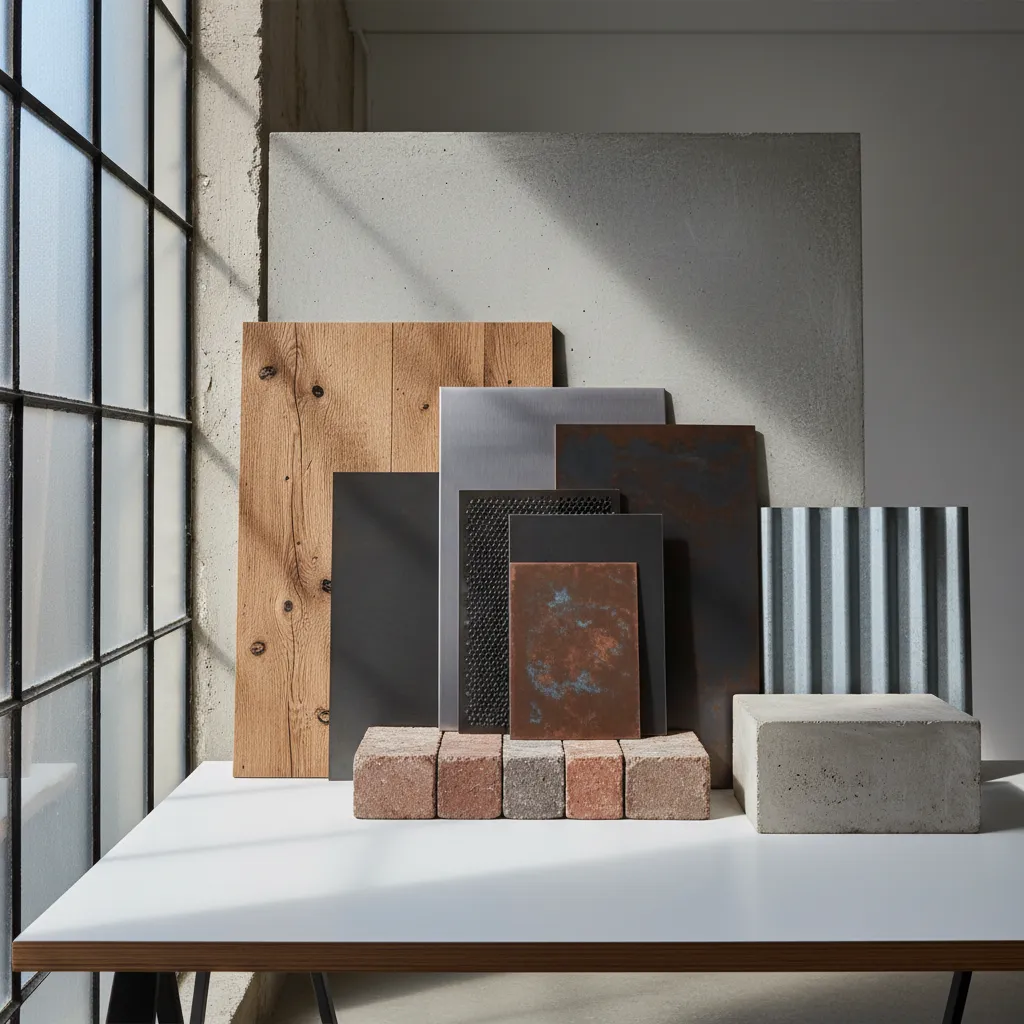 Materiales industriales como metal, madera y hormigón en interior moderno