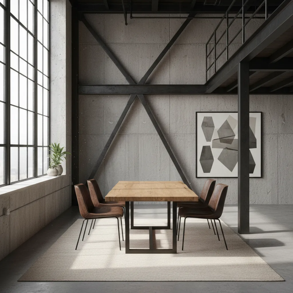 Combinación de madera, acero y hormigón en diseño interior industrial