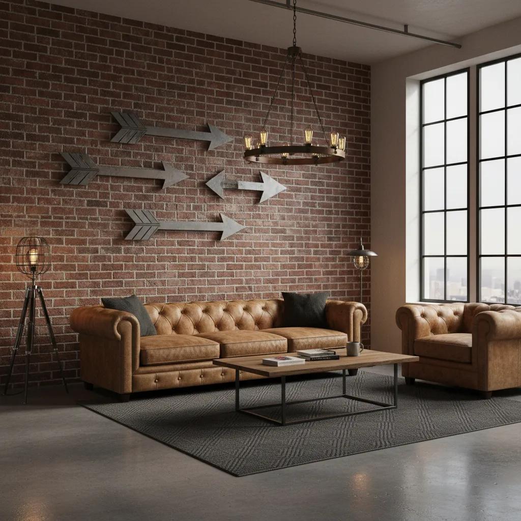 Industrial loft interior with metal arrow wall decor on brick wall