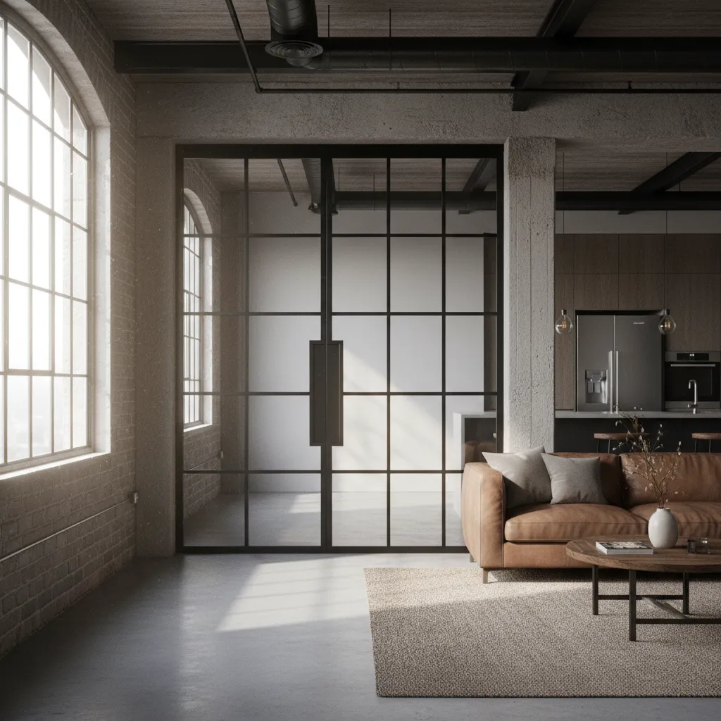 Puerta interior metálica estilo industrial con cuadrícula de vidrio