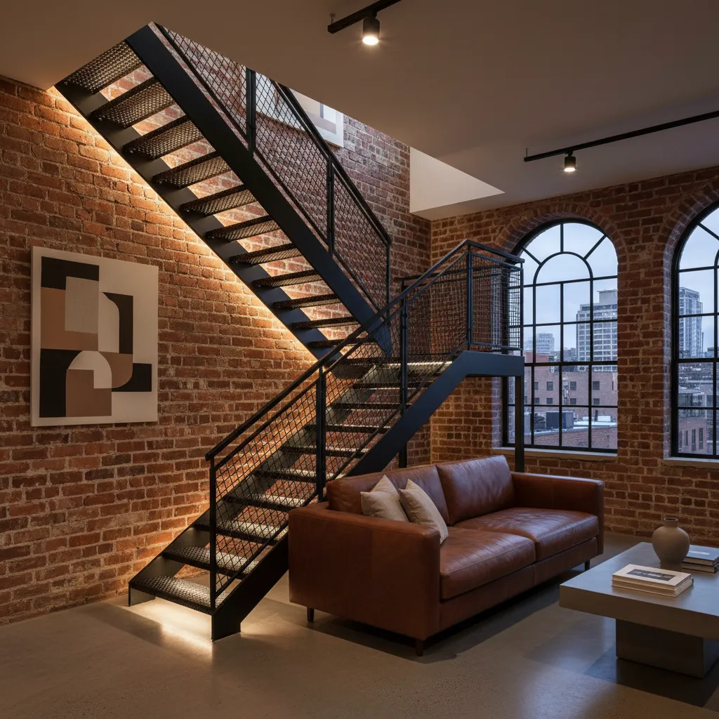 Escalera metálica estilo industrial en interior tipo loft