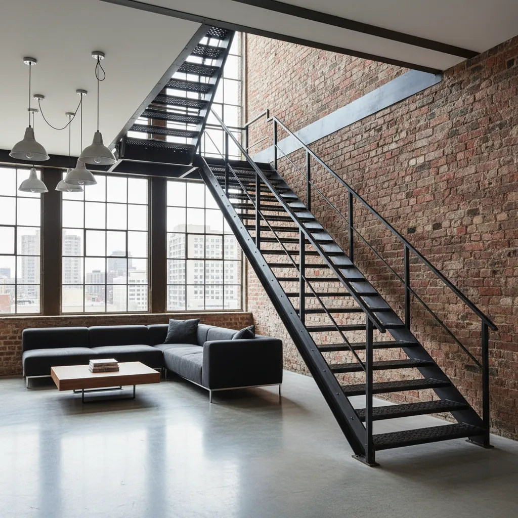 Industrial metal stairs against brick wall in loft living room with sofa and large windows