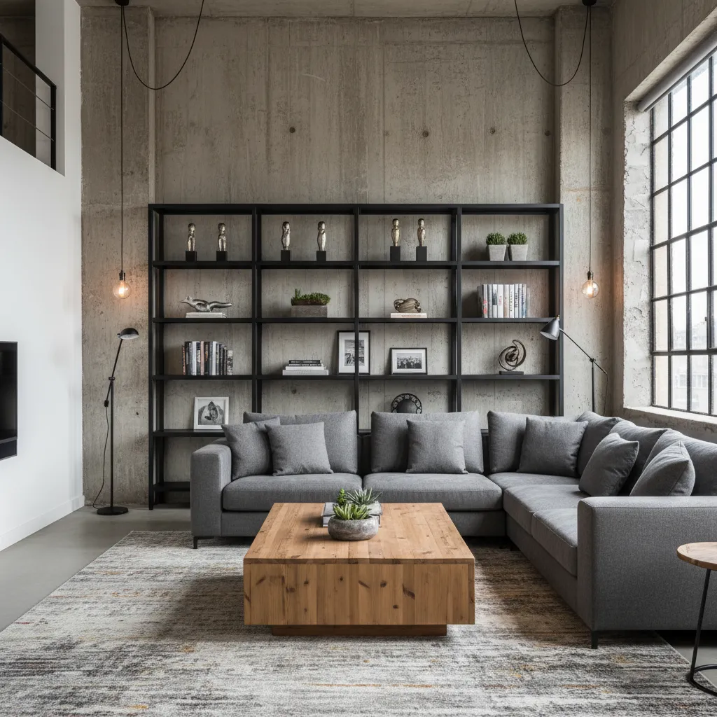 Salón industrial moderno con metal negro y madera