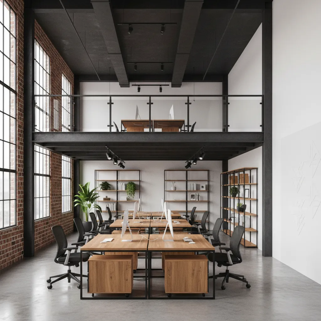 Industrial loft office with wooden desks and black chairs plus second floor and large windows