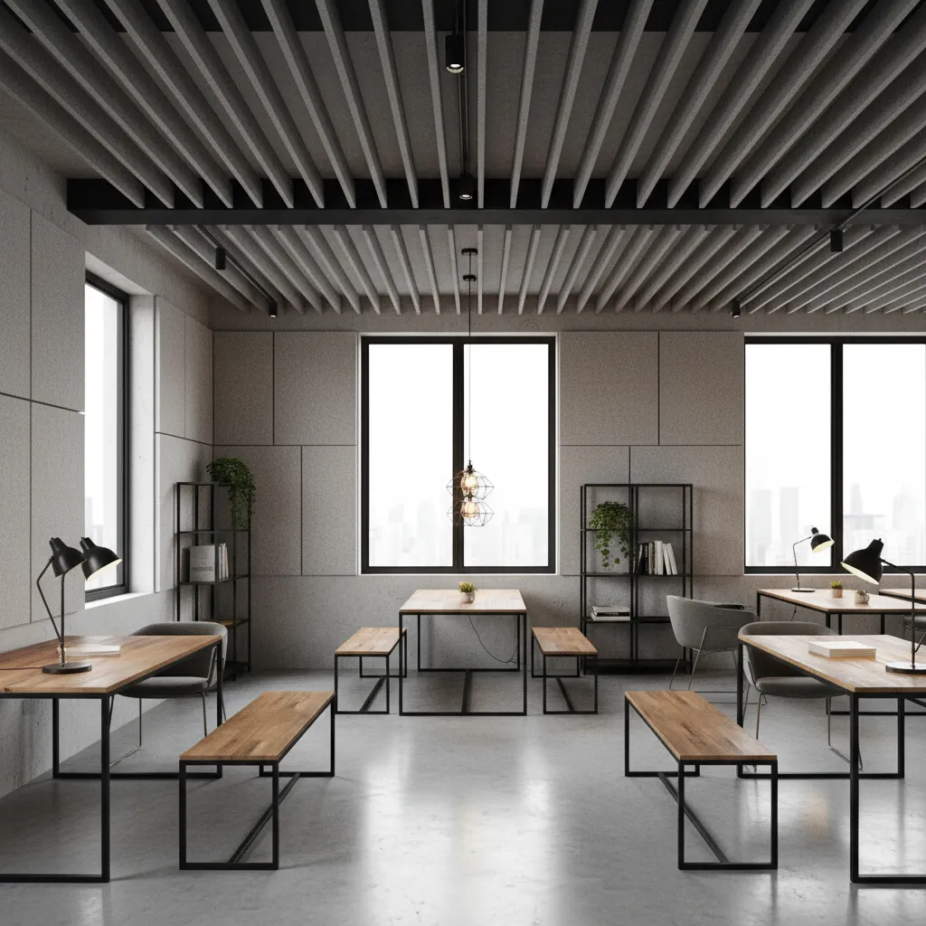 Modern industrial office with wooden tables and benches under grey slatted ceiling with ceiling lights