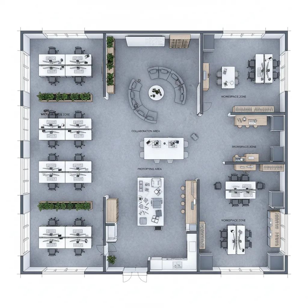 Interior design drawing showing top view office layout with desks meeting areas and green plants