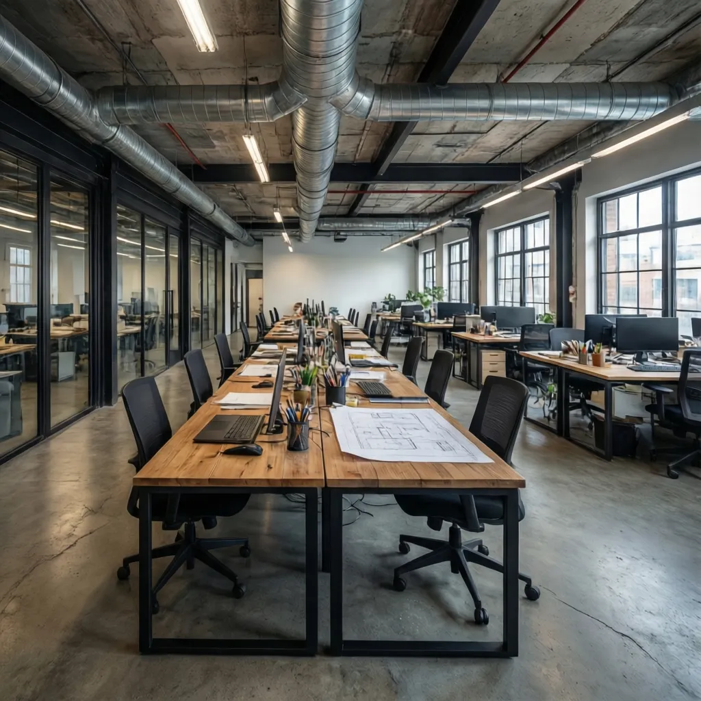 Open plan industrial office featuring long wooden tables black chairs ceiling pipes monitors bright lights