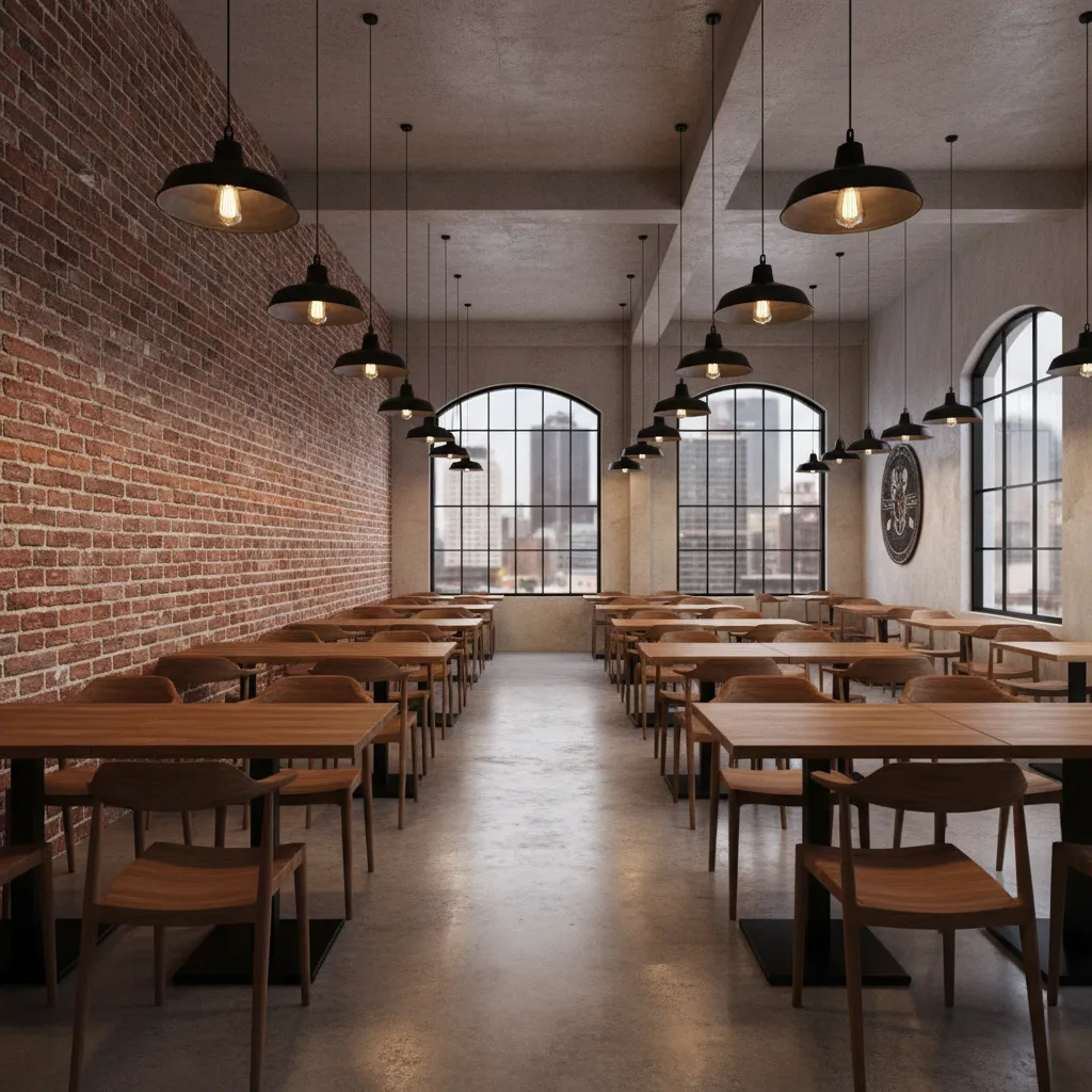 industrial restaurant interior with brick wall seating layout