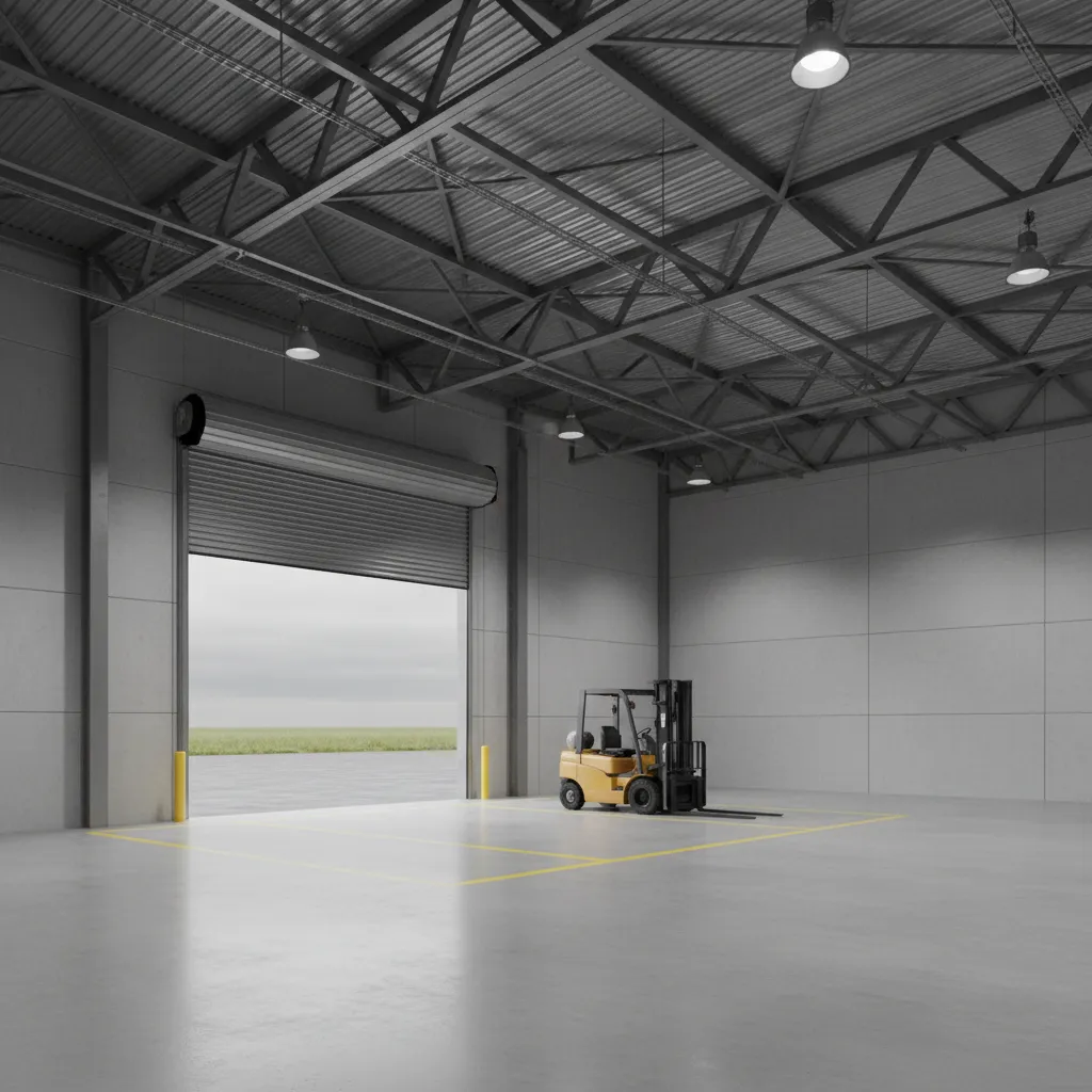 Industrial warehouse with large roll-up door installed above loading bay