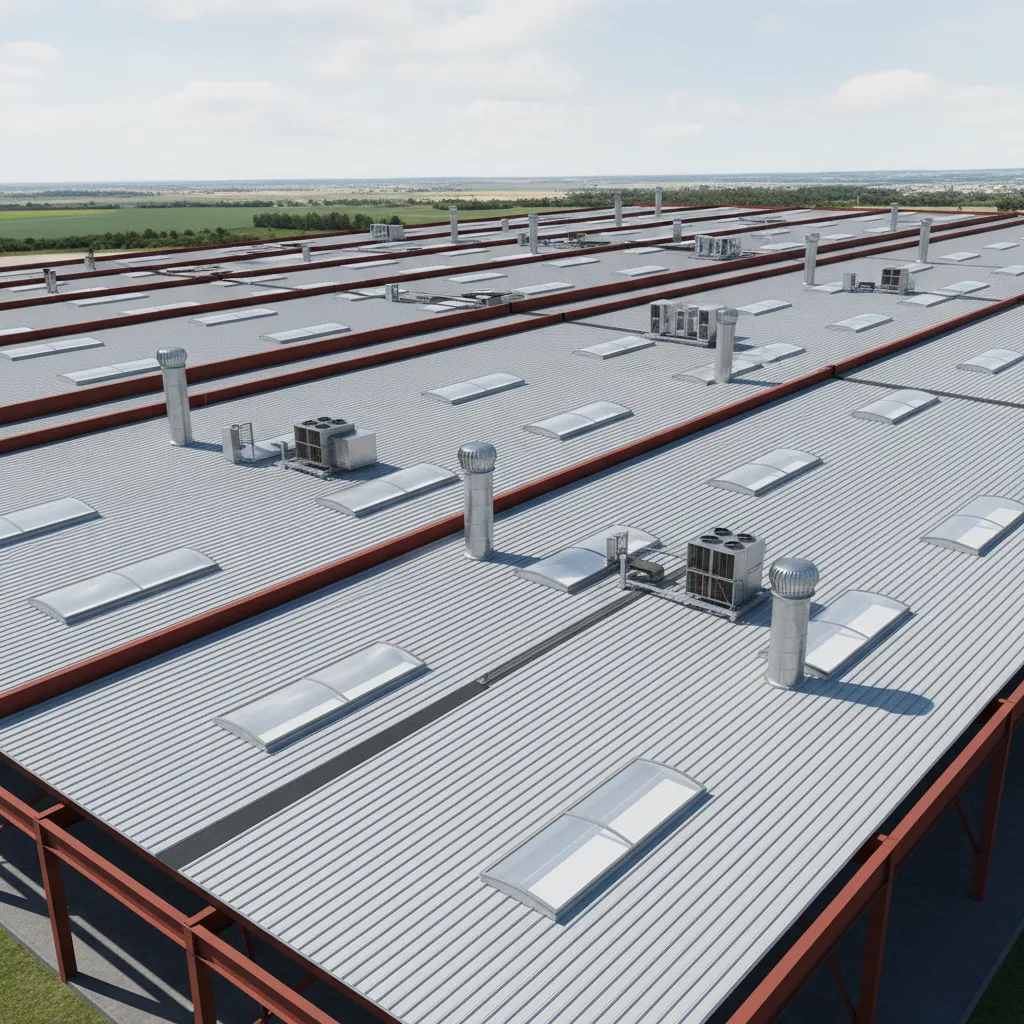 Industrial warehouse roof layout with skylights and ventilation systems