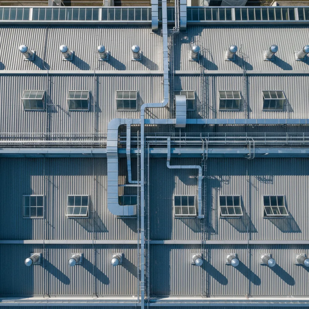 industrial factory roof layout with multiple gooseneck exhaust vents
