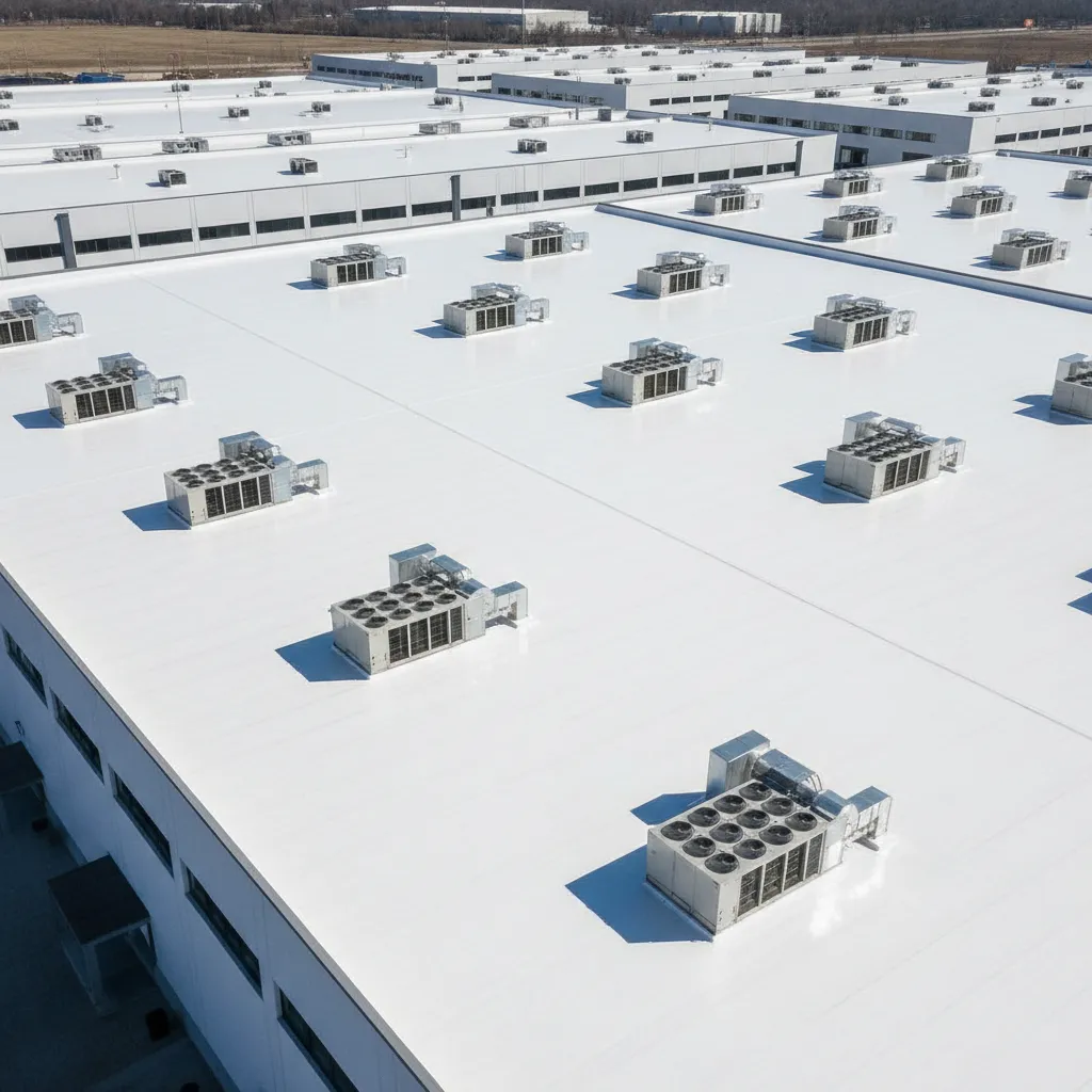 industrial factory roof coated with white reflective roof guard paint