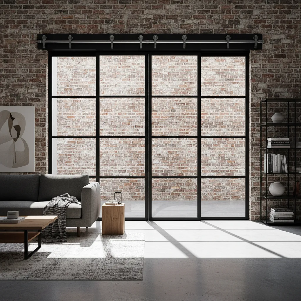Industrial living room featuring brick walls grey sofa and large black frame sliding glass doors