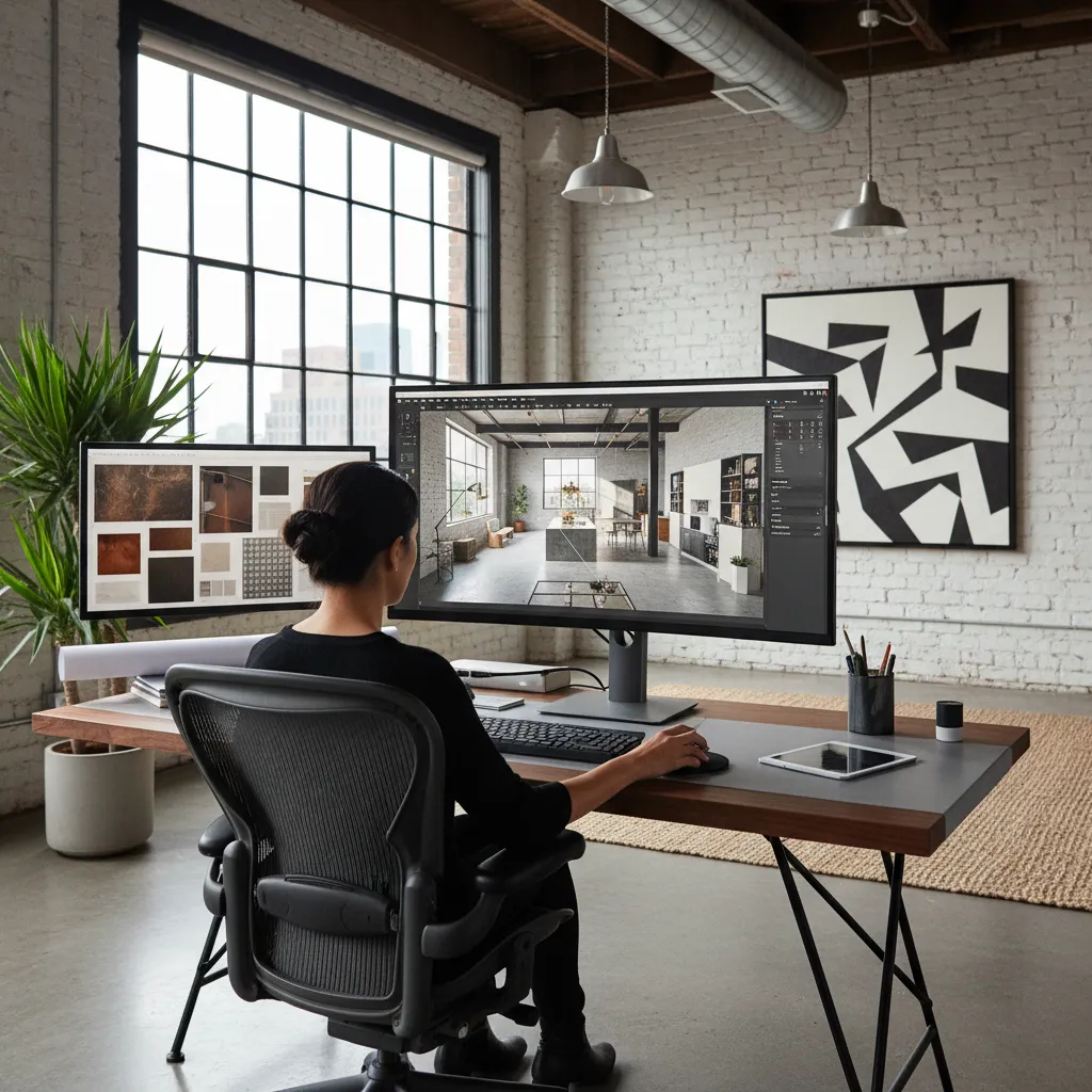 Designer using interior design software on dual monitors at wooden desk in brick wall office