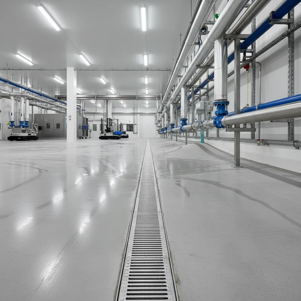 Industrial floor trench drain system beside piping route