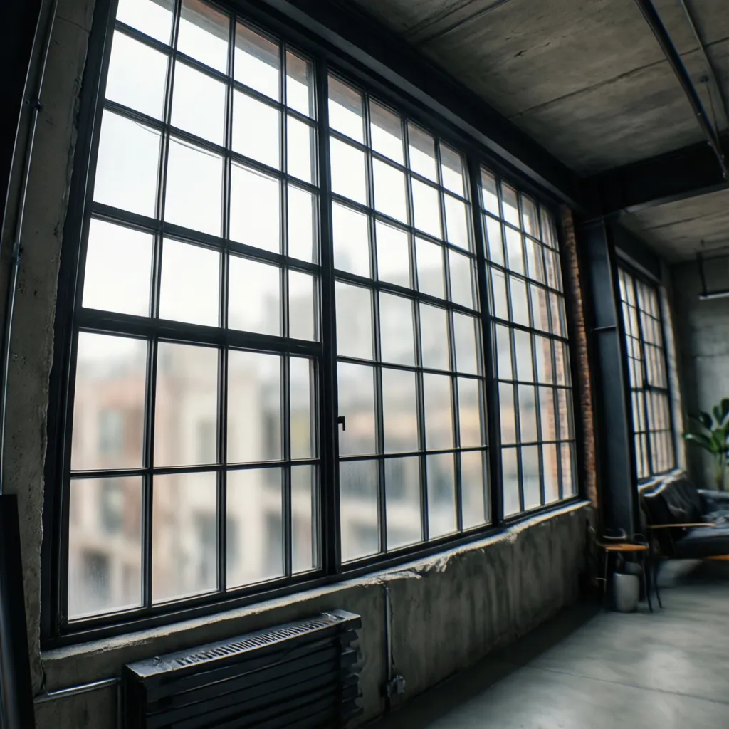 Ventanas industriales de acero con múltiples paneles de vidrio