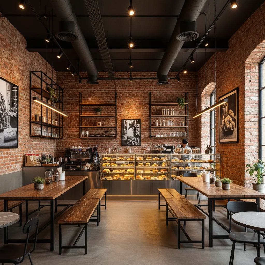 Cafetería estilo industrial con ladrillo visto y mesas de madera