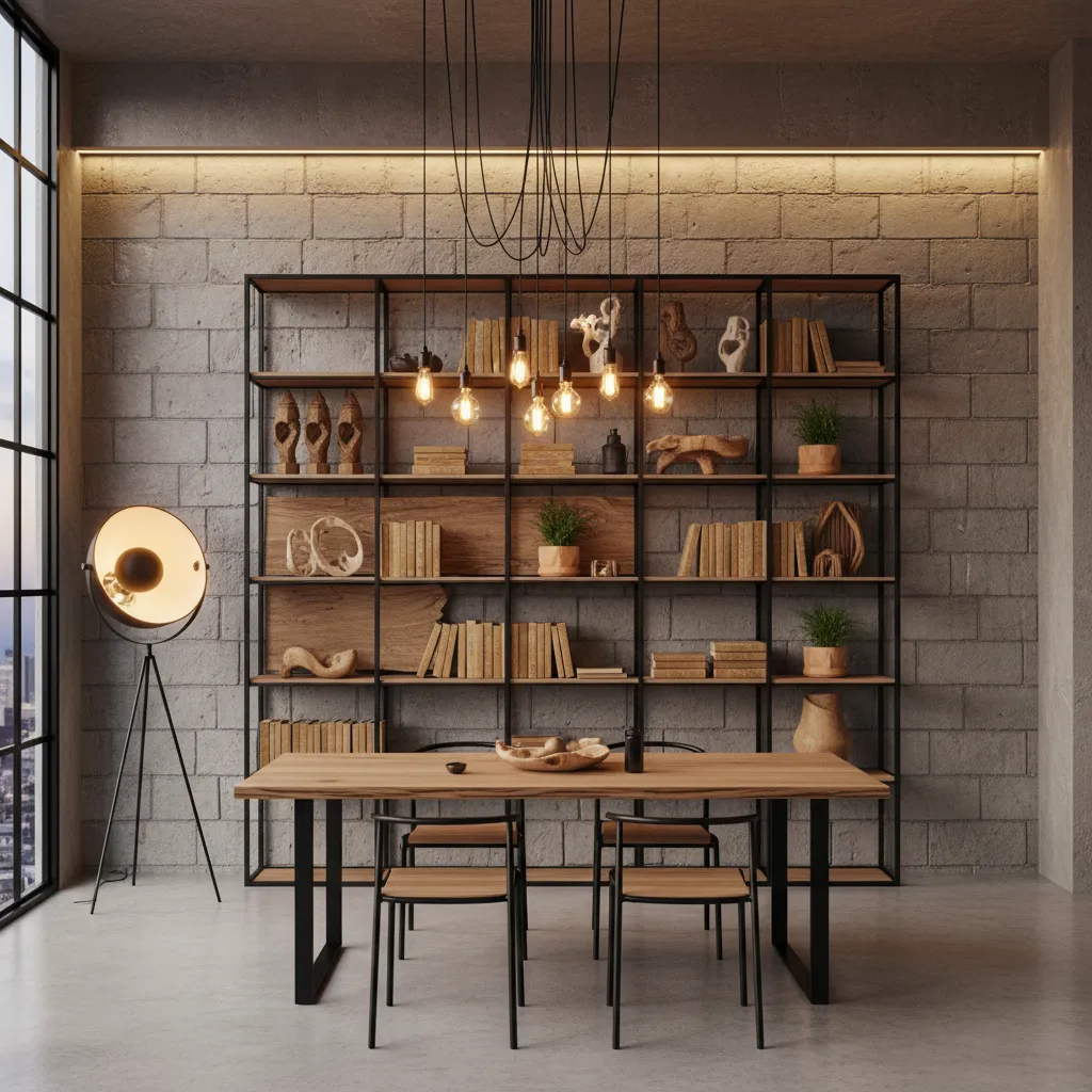 industrial interior with exposed concrete block wall and metal shelving