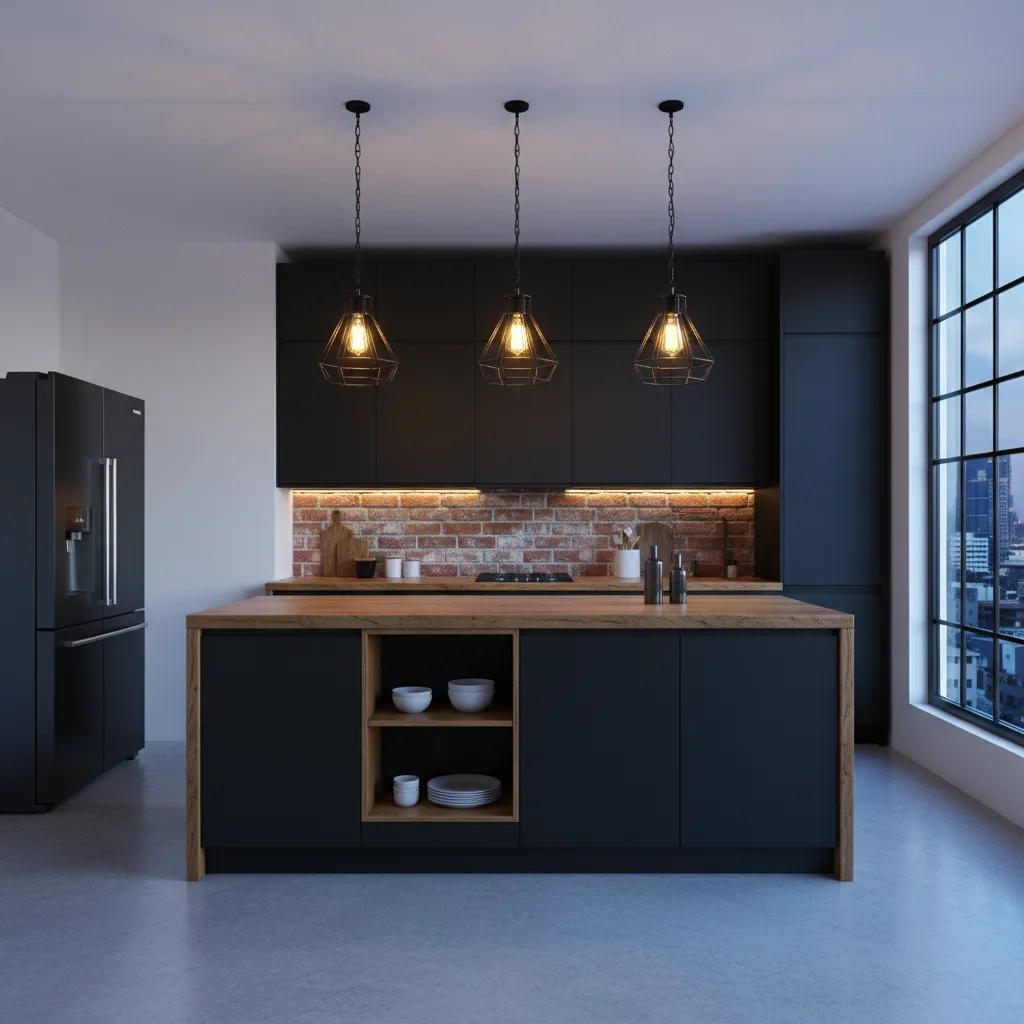 Modern industrial kitchen with black cabinets, wood island, brick wall, and three hanging black lights