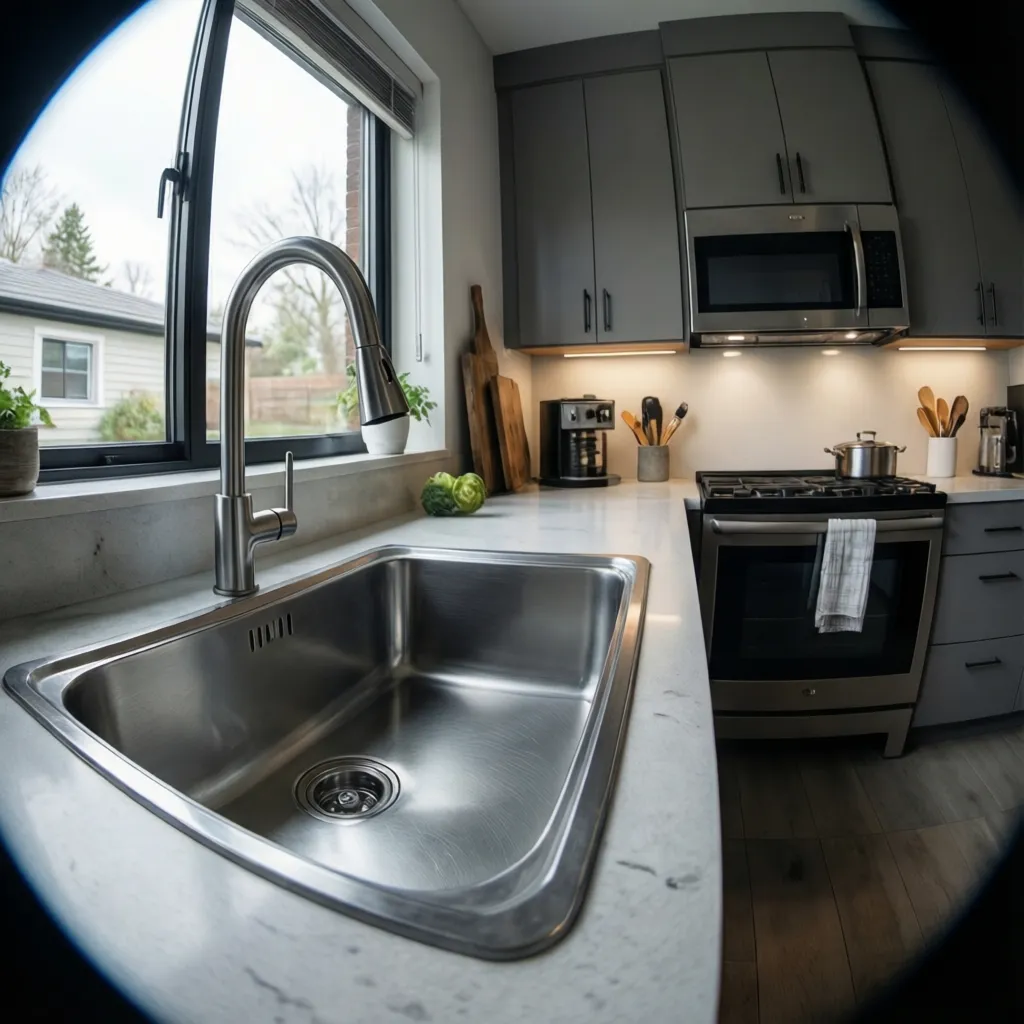 Industrial style commercial sprayer installed in modern residential kitchen