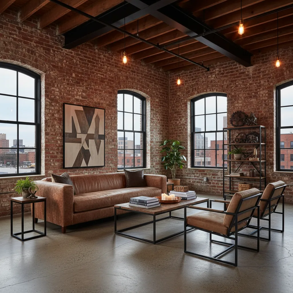Industrial living room with red brick walls large arched windows brown leather sofa and black furniture