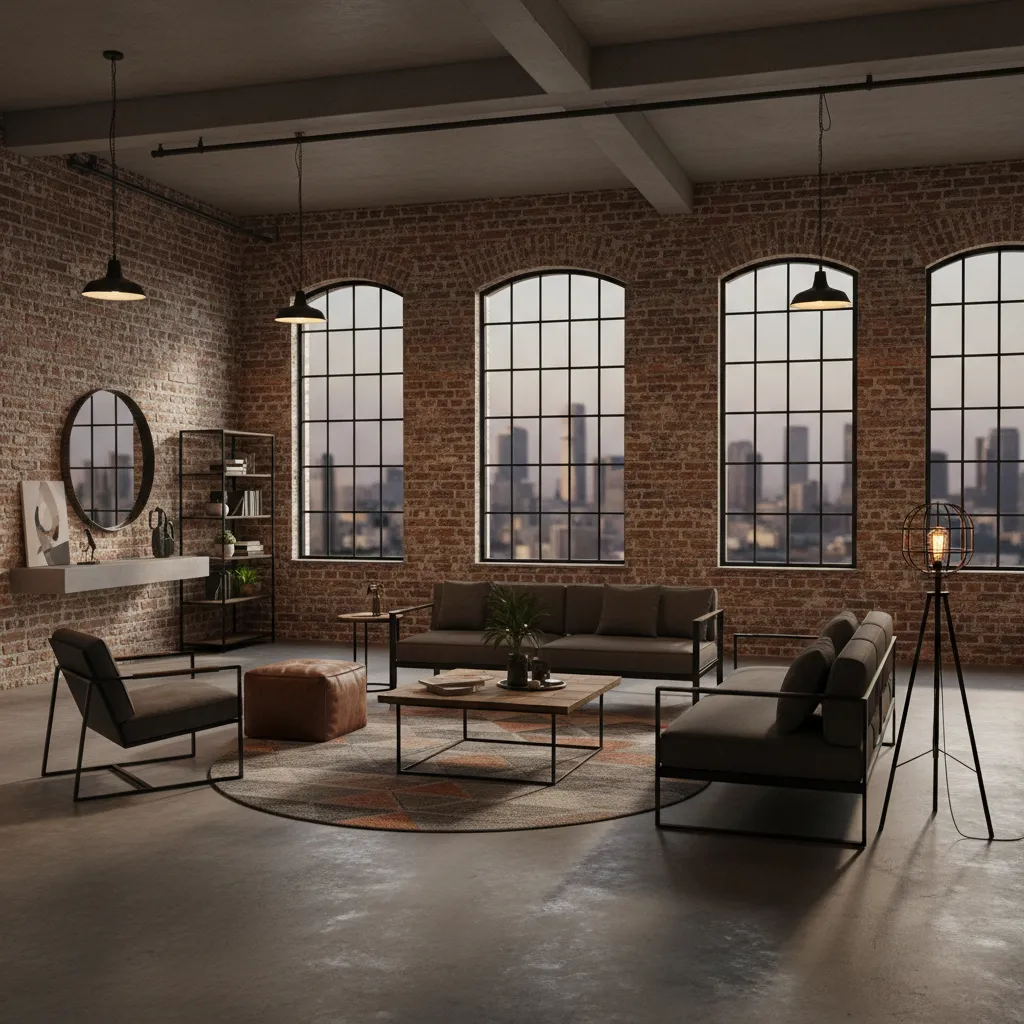 Industrial living room with brick walls arched windows dark sofas coffee table round rug lighting