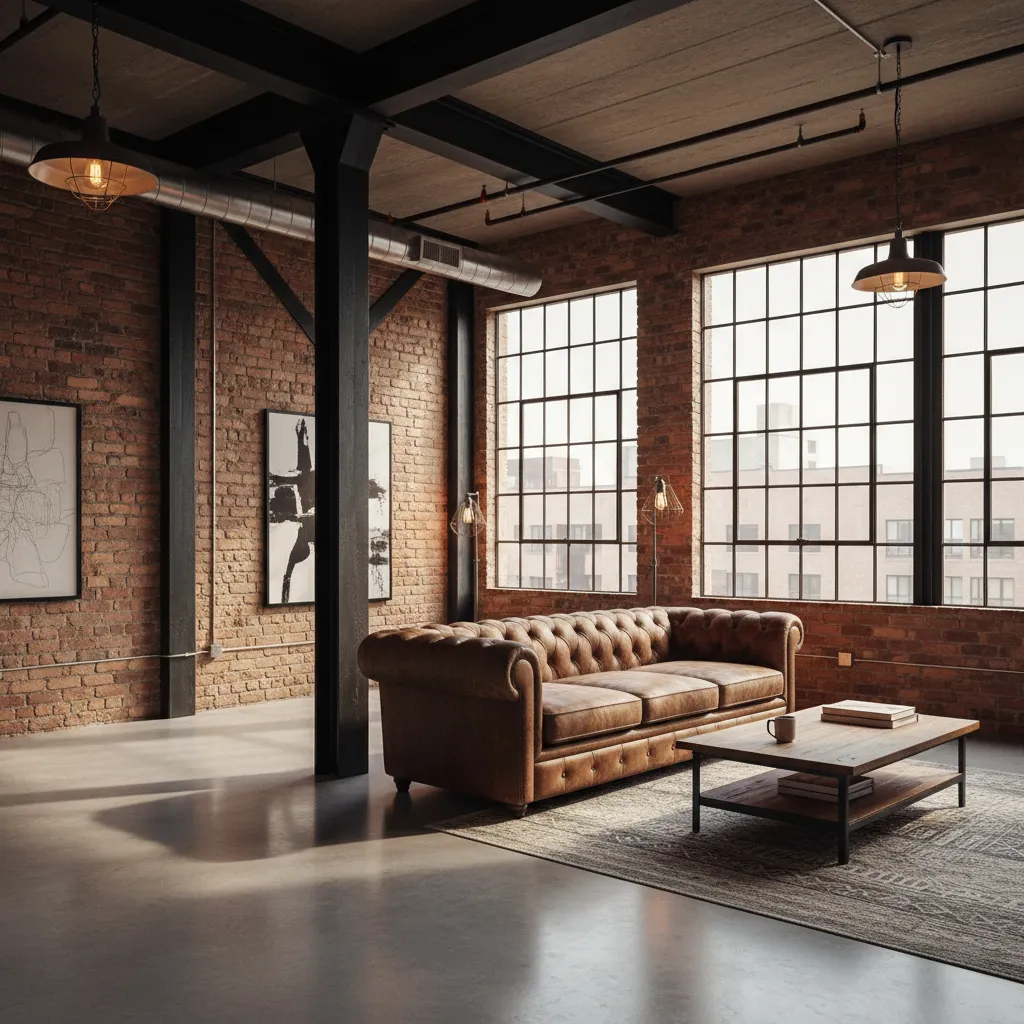 Industrial living room with red brick walls black metal beams brown leather sofa and windows