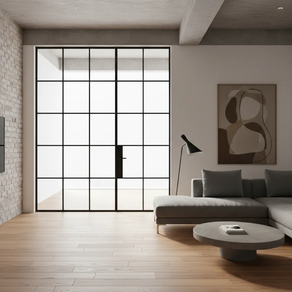 Puerta metálica interior con vidrio estilo industrial en apartamento moderno