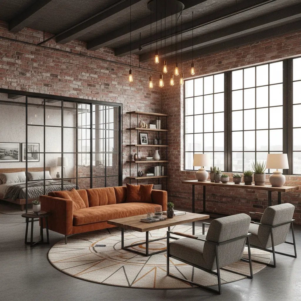 Loft con estilo industrial suavizado con madera y luz cálida