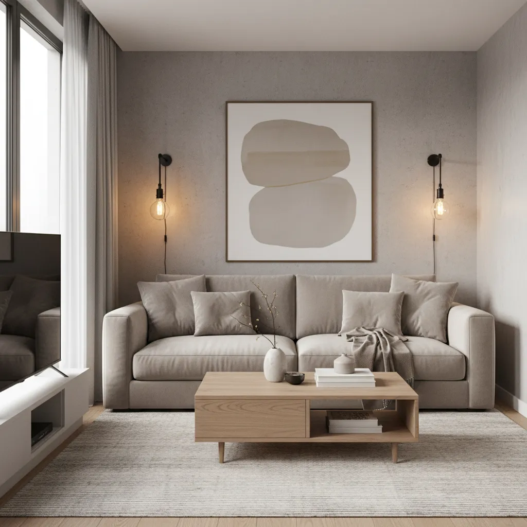 Industrial wall lights installed beside a sofa in a small modern living room
