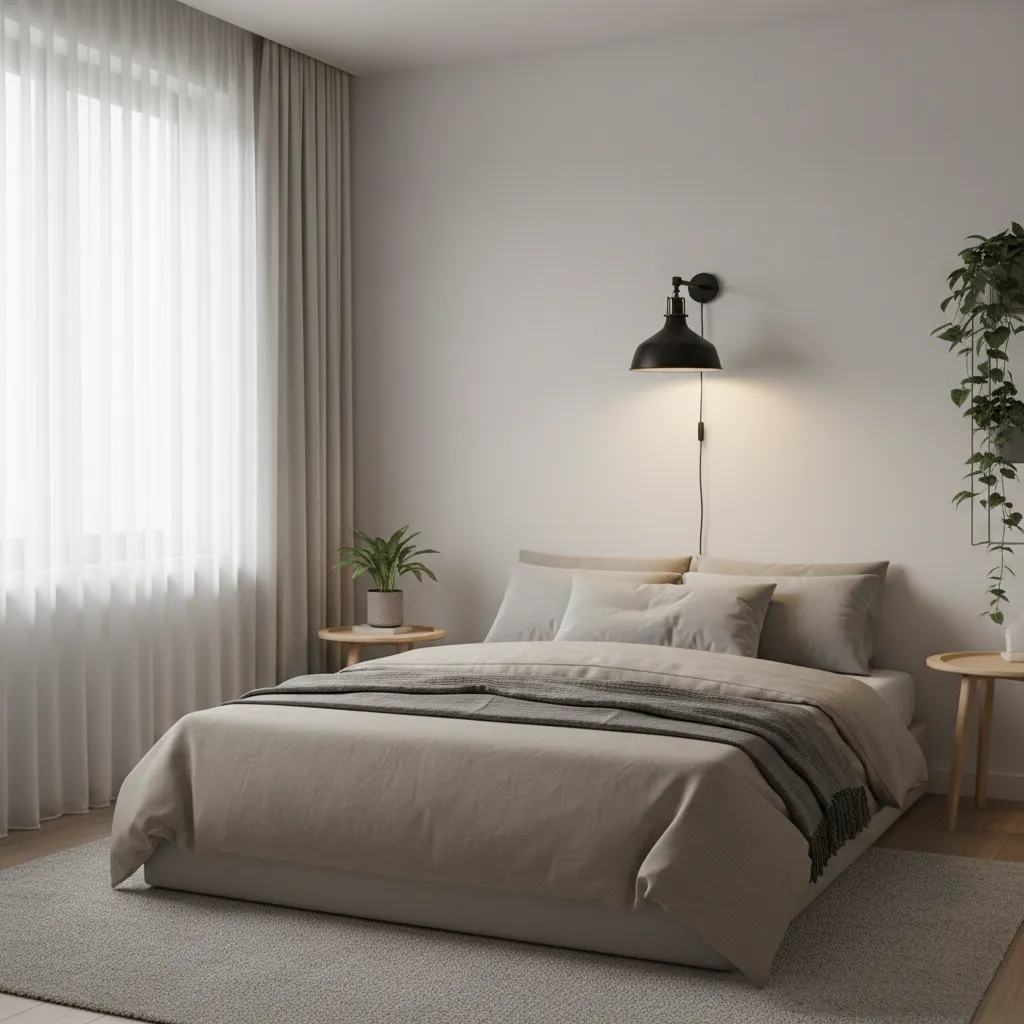 Industrial wall light above a small bedside table in a compact bedroom