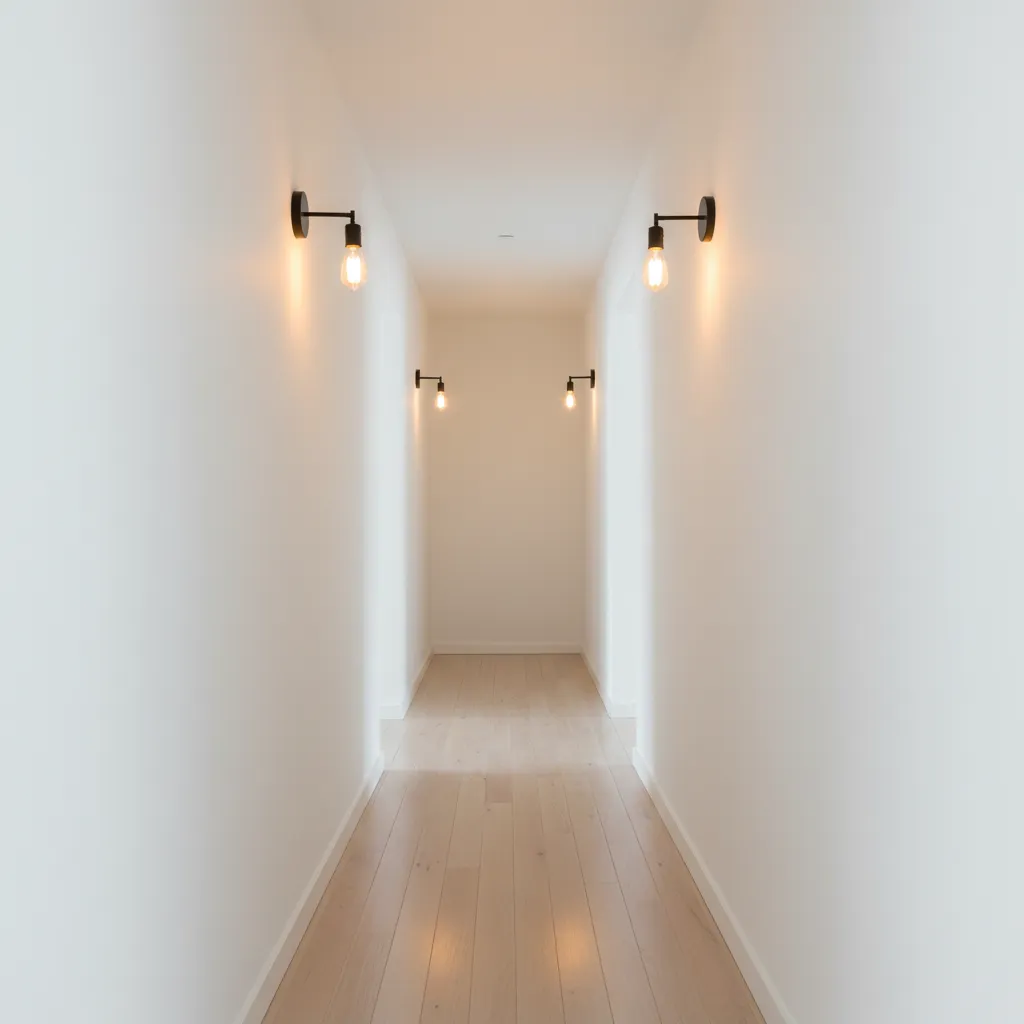 Pair of industrial wall lights evenly spaced along a narrow hallway