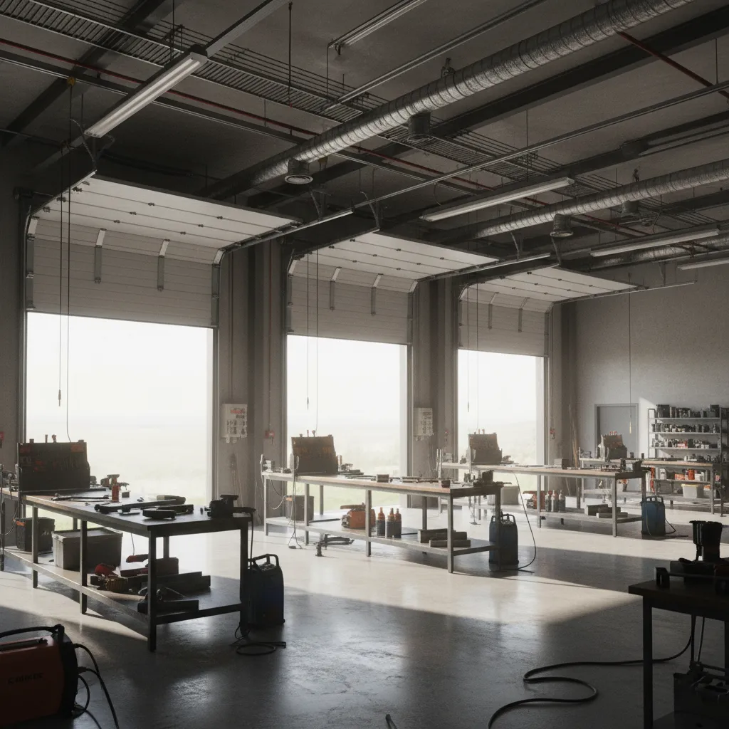 industrial workshop garage with large roll-up doors and equipment workstations