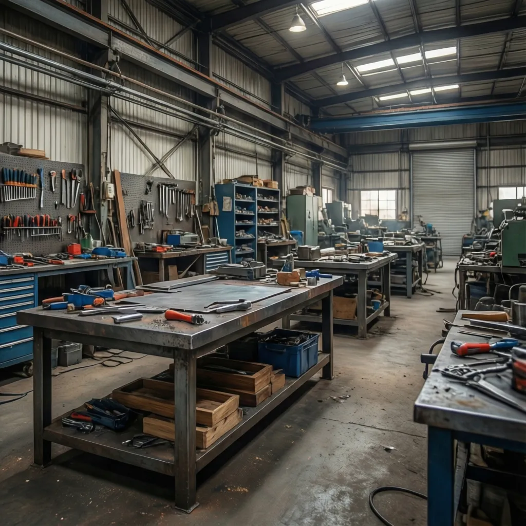 Zona de trabajo con mesas técnicas y almacenamiento industrial