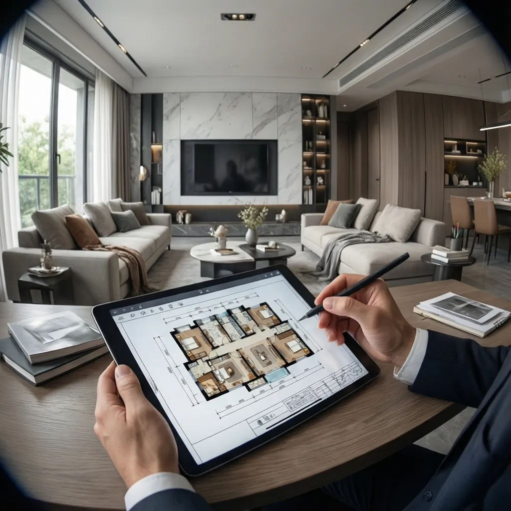 Designer using tablet to create floor plan in modern living room with grey sofa background