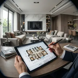 Designer using tablet to create floor plan in modern living room with grey sofa background
