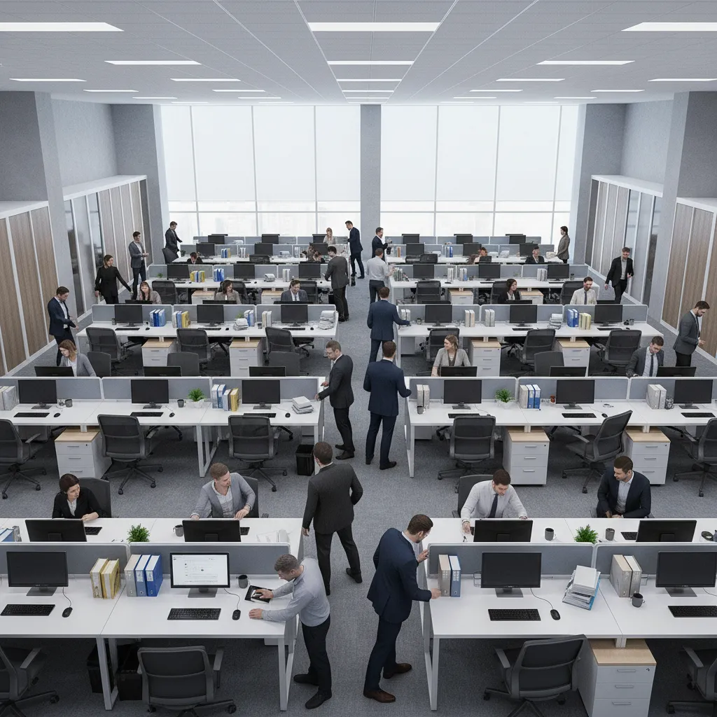 Crowded office interior with people working at white desks and standing in narrow walking path spaces