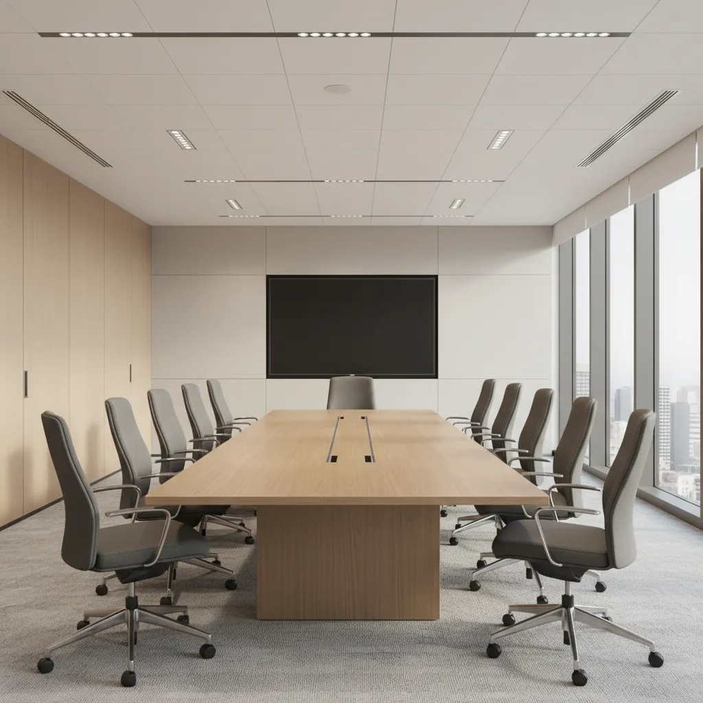 conference room with poor seating orientation and limited screen visibility