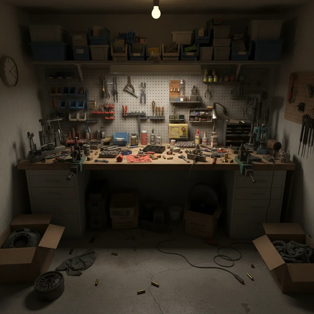 reloading bench with scattered tools and inefficient layout