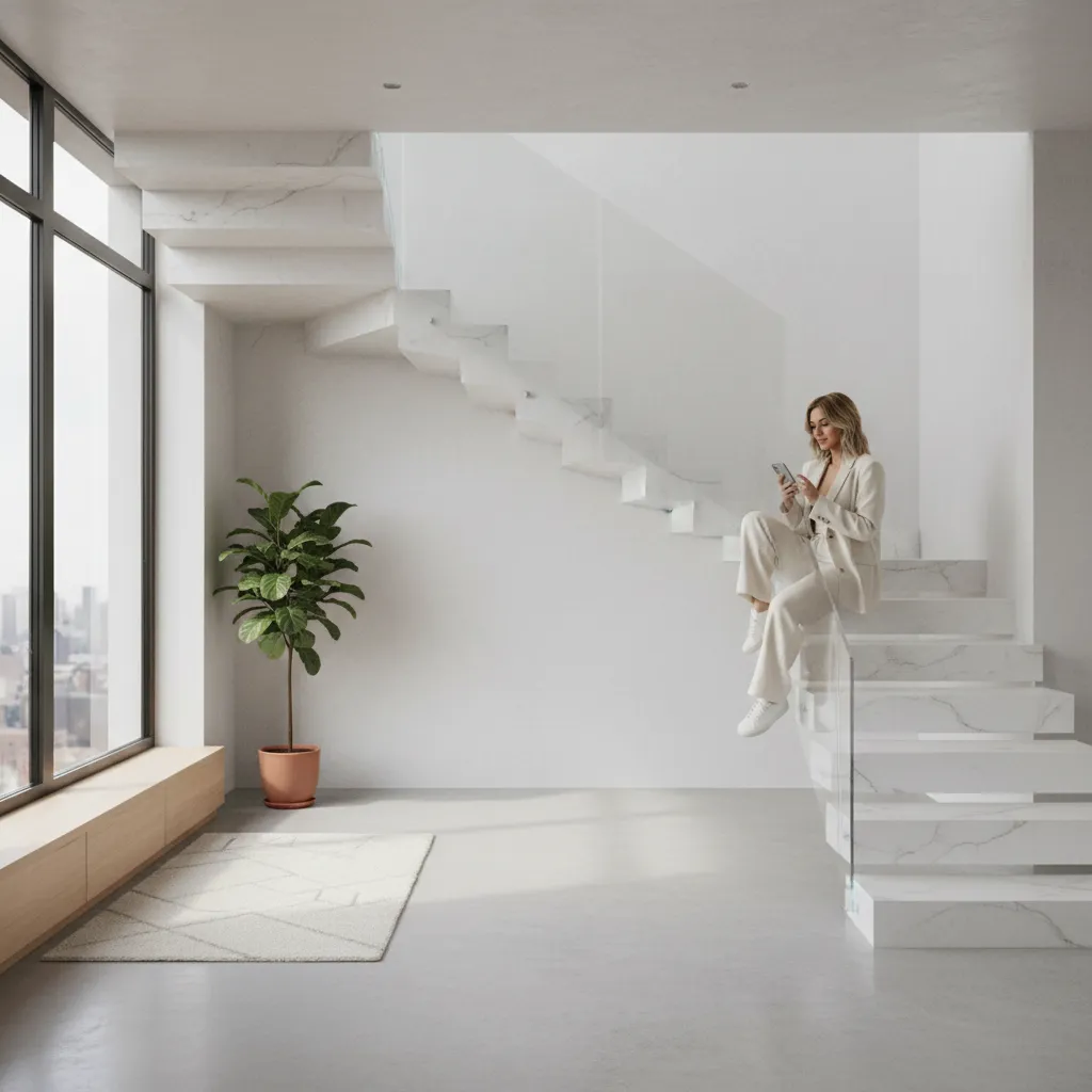 social media influencer taking fashion photo on modern staircase