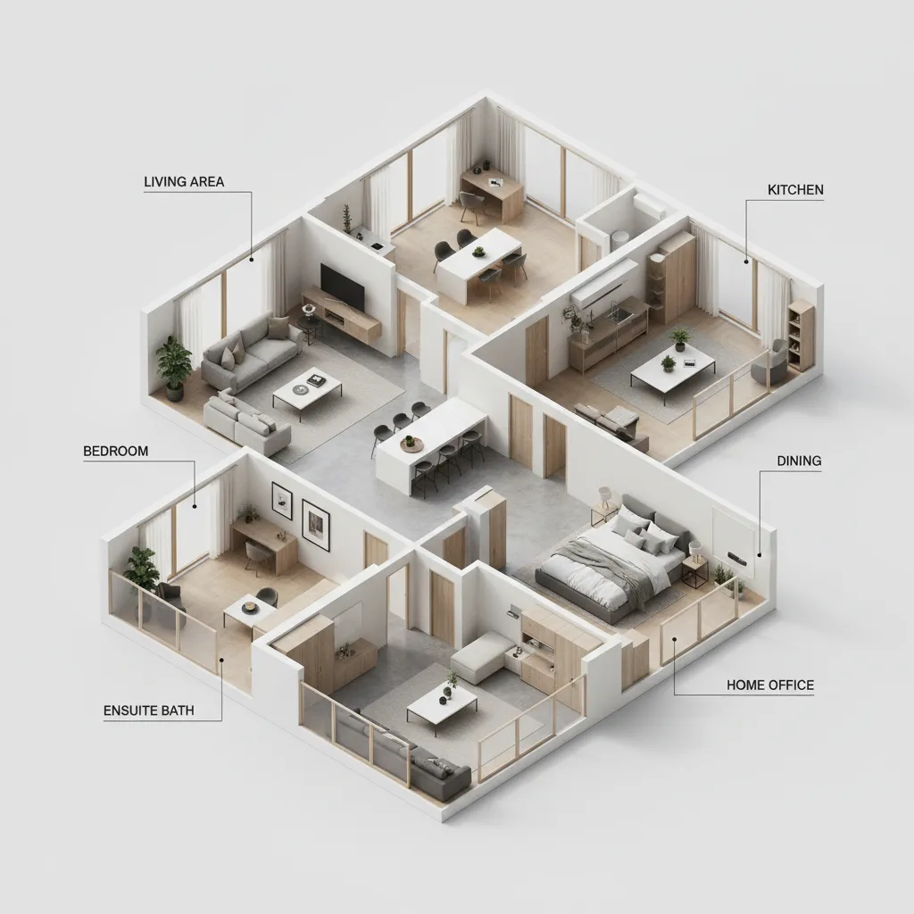 Interior design drawing of large house floor plan with kitchen living area bedroom and office