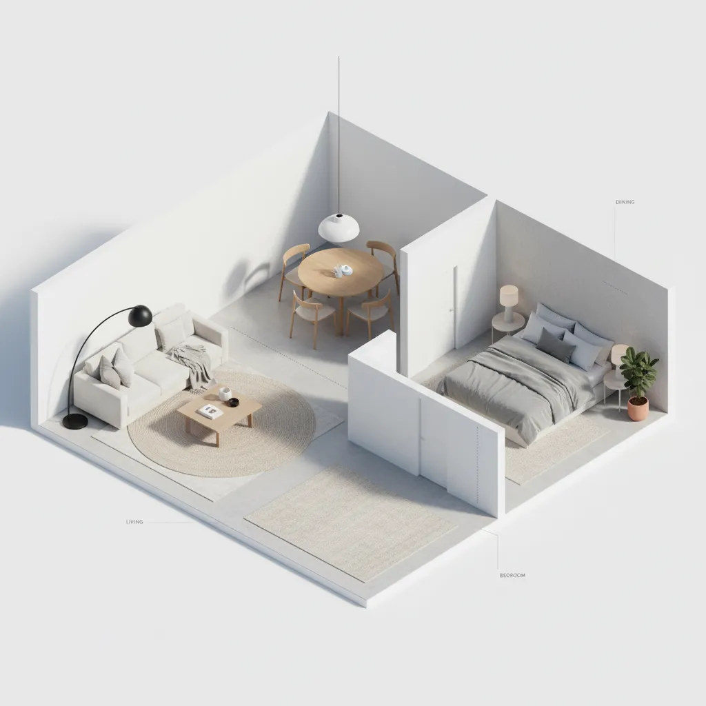 Interior design drawing showing room layout of living area dining table and bedroom with furniture